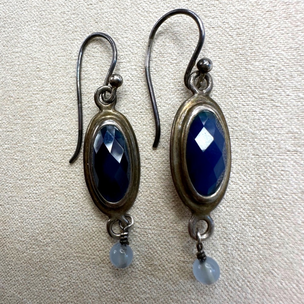 Vintage Womens Drop Earrings Navy Blue Stone Sterling Silver 925 Bohemian
